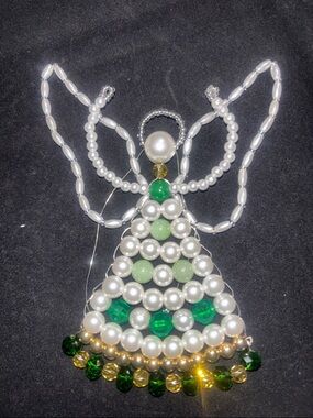 Handcrafted Pearl Bead Angel Ornament in White and Green